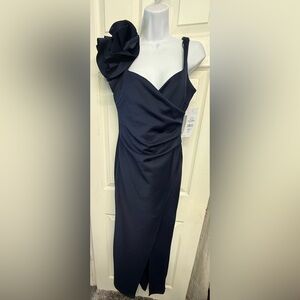 MSK Navy One-Shoulder Women’s floral appliqué sleeveless evening gown.